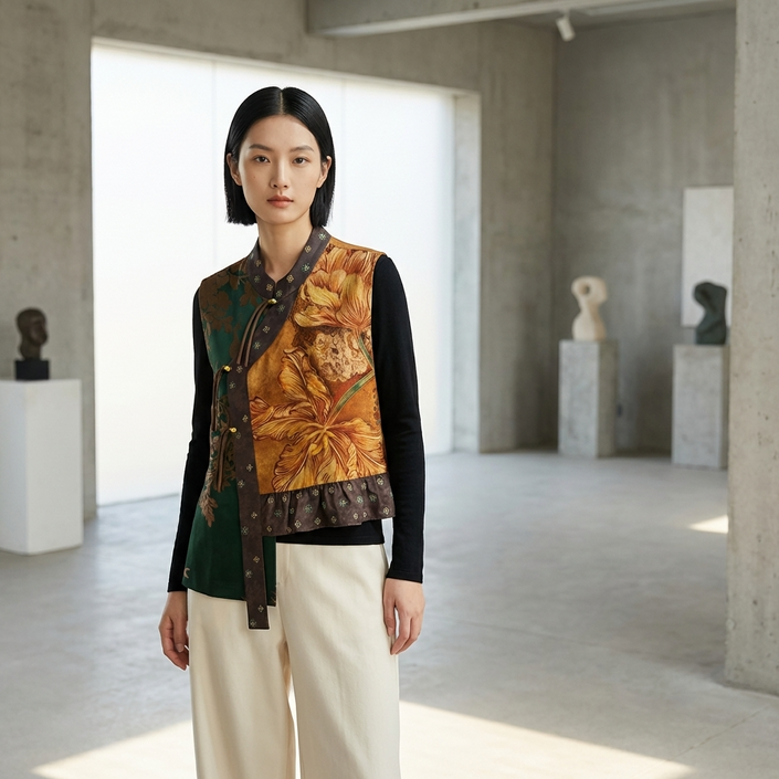 Woman wearing a patterned vest in a modern indoor setting