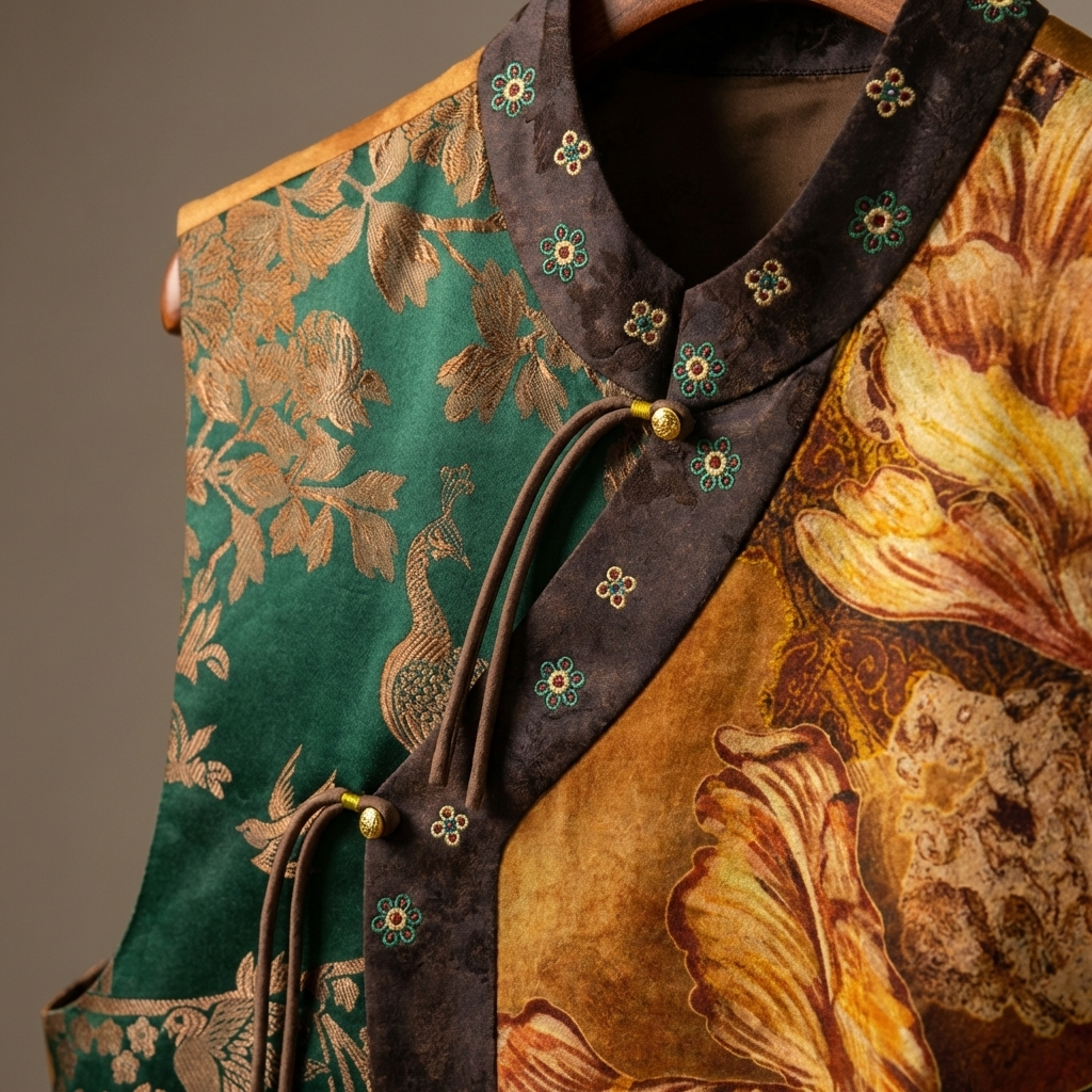 Close-up of a vest with intricate floral patterns and embroidery 