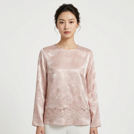 Model  in Pink Butterfly Jacquard Blouse Front View