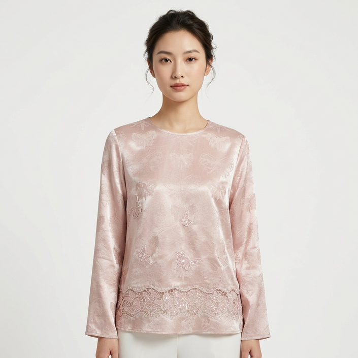 Model  in Pink Butterfly Jacquard Blouse Front View