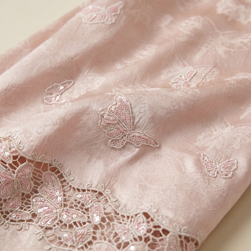 Close-up of pink fabric with butterfly embroidery