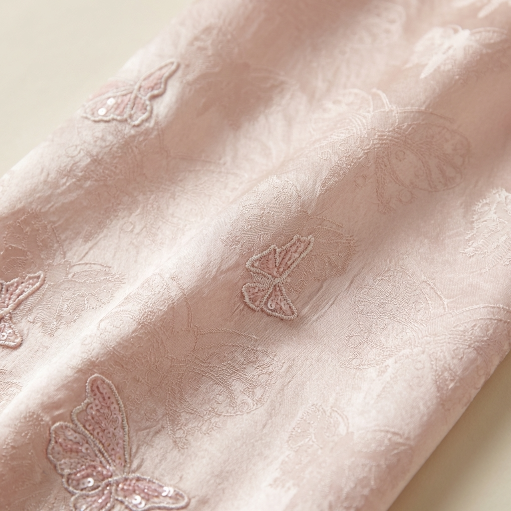 Close-up of pink fabric with butterfly embroidery