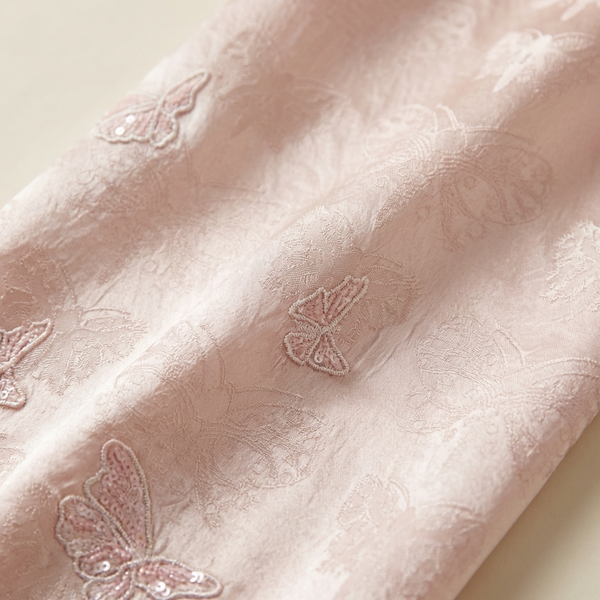 Close-up of pink fabric with butterfly embroidery