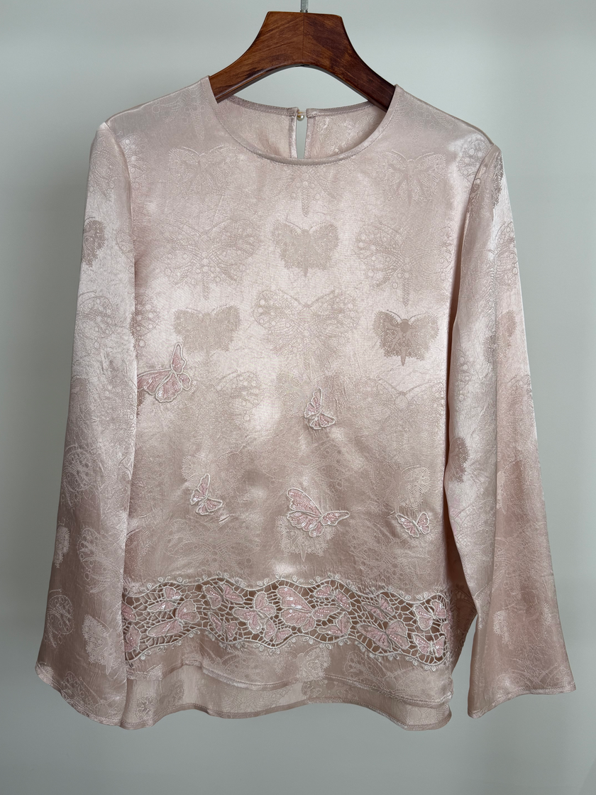 Pink Butterfly Jacquard Acetate Blouse 