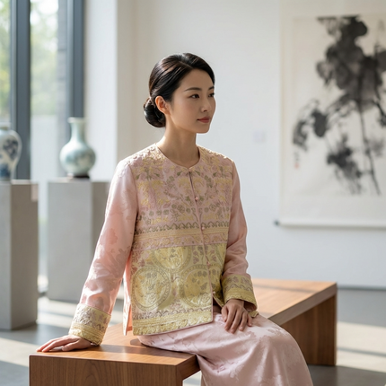 Woman in a pink jacquard blouse sitting in the gallary
