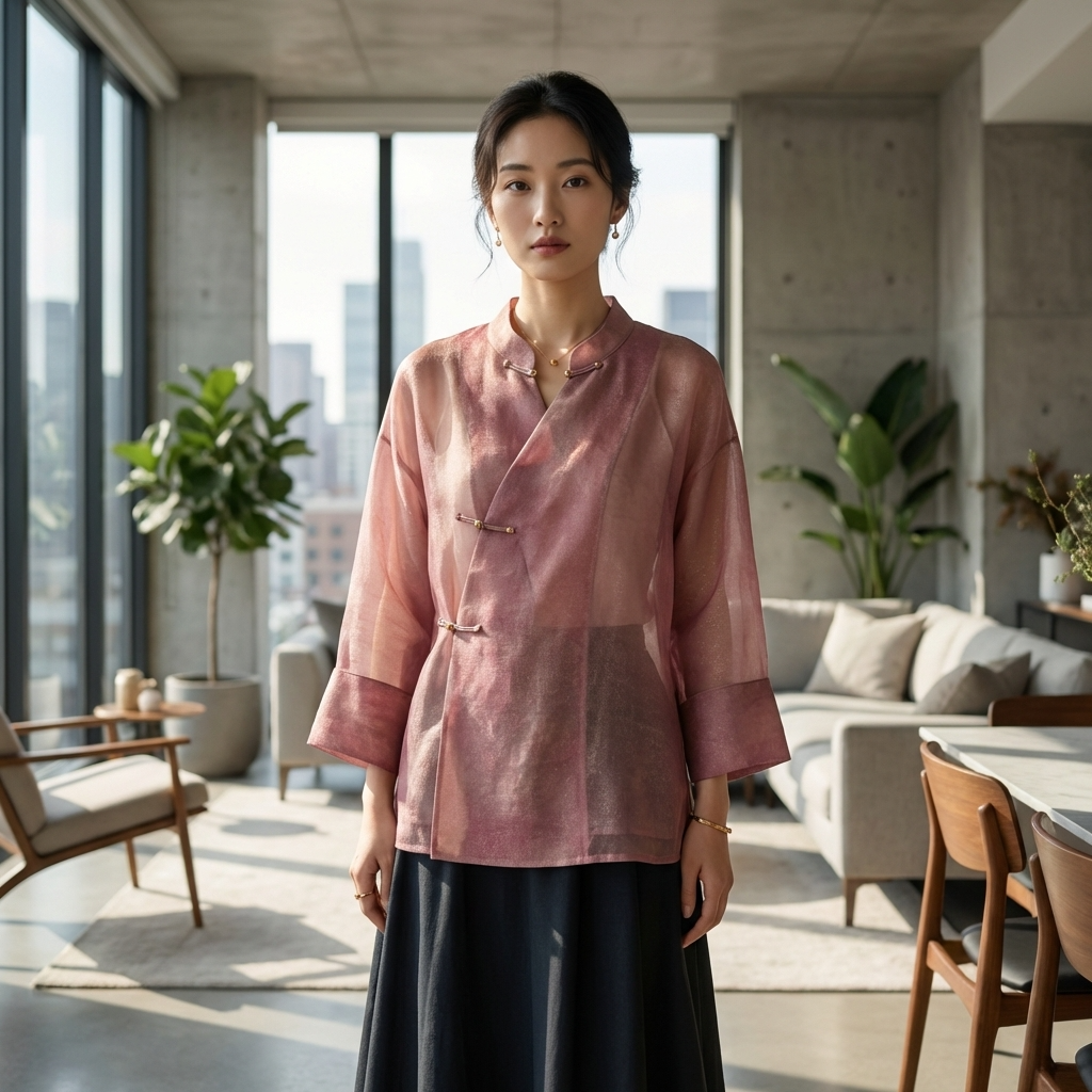 Woman in a pink mulberry silk brocade blouse standing in a modern living room 