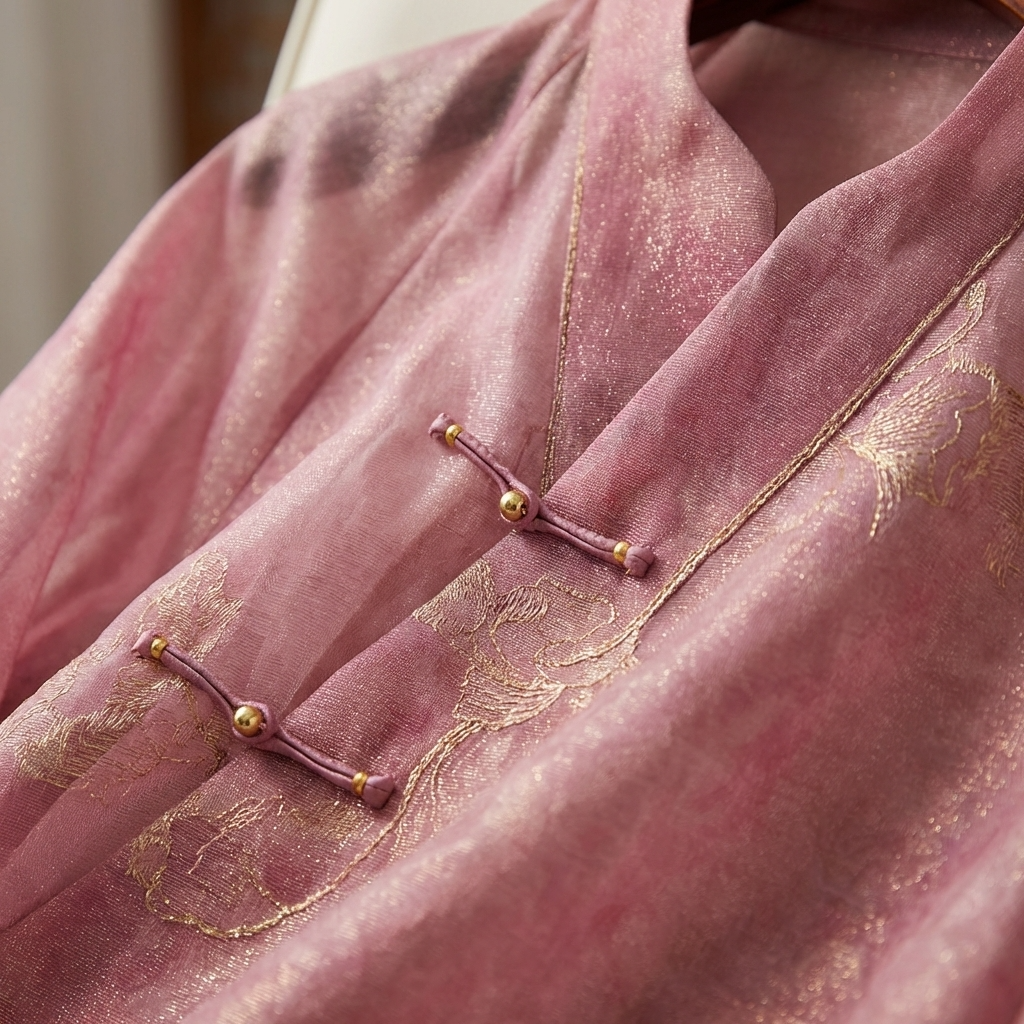Close-up of the pink blouse with gold thread embroidery 