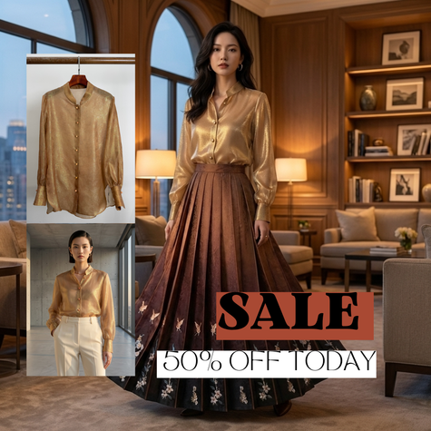 Champagne Mulberry Silk Jacquard Chinese Blouse – Lantern Sleeve Long-Sleeve Shirt with Pearl Buttons | Luxe Orienta