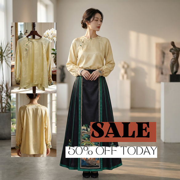 Beige Apricot Silk Phoenix Jacquard Oriental Blouse