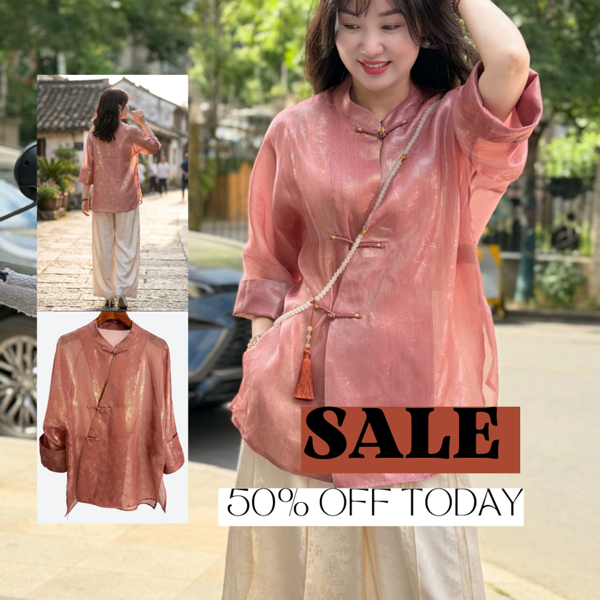 Rosa Maulbeer-Seiden-Brokat-Hemd – Bluse mit Goldfaden-Stickerei | LUXE ORIENTA