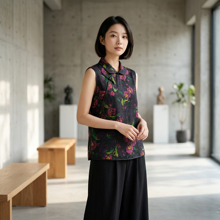 Model wearing Purple Floral Printed Silk Vest from Luxe Orienta