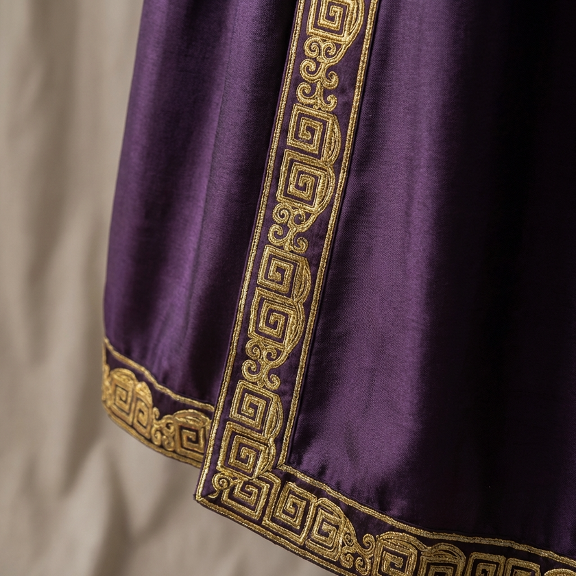 Purple fabric with gold embroidery on a neutral background