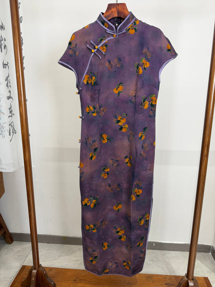 100% Mulberry Silk Xiangyunsha Purple Persimmon Print Short Sleeve Qipao Dress | LUXE ORIENTA - Luxe Orienta CO., LIMITED