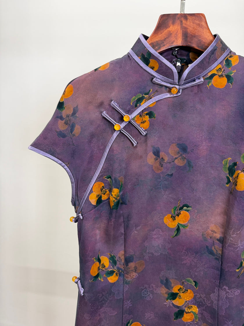 100% Mulberry Silk Xiangyunsha Purple Persimmon Print Short Sleeve Qipao Dress | LUXE ORIENTA - Luxe Orienta CO., LIMITED