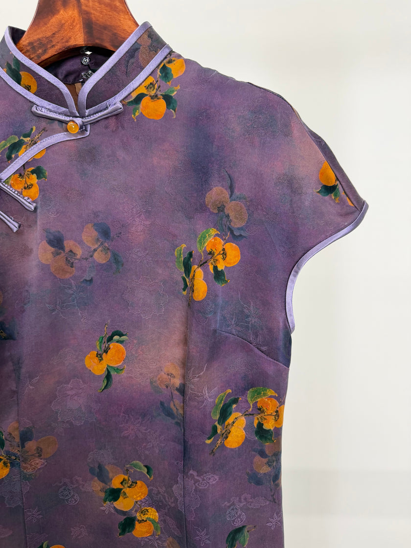 100% Mulberry Silk Xiangyunsha Purple Persimmon Print Short Sleeve Qipao Dress | LUXE ORIENTA - Luxe Orienta CO., LIMITED