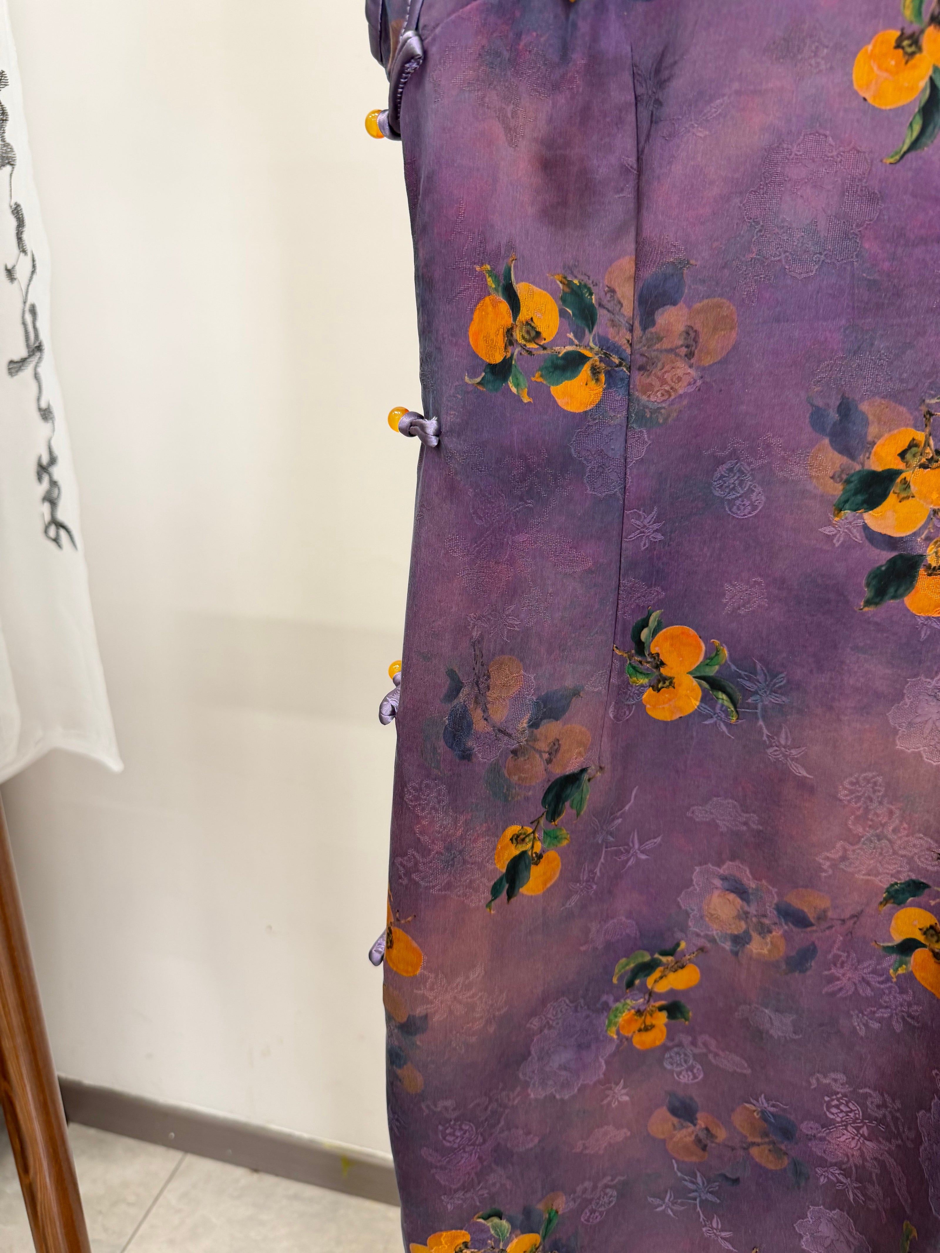 100% Mulberry Silk Xiangyunsha Purple Persimmon Print Short Sleeve Qipao Dress | LUXE ORIENTA - Luxe Orienta CO., LIMITED