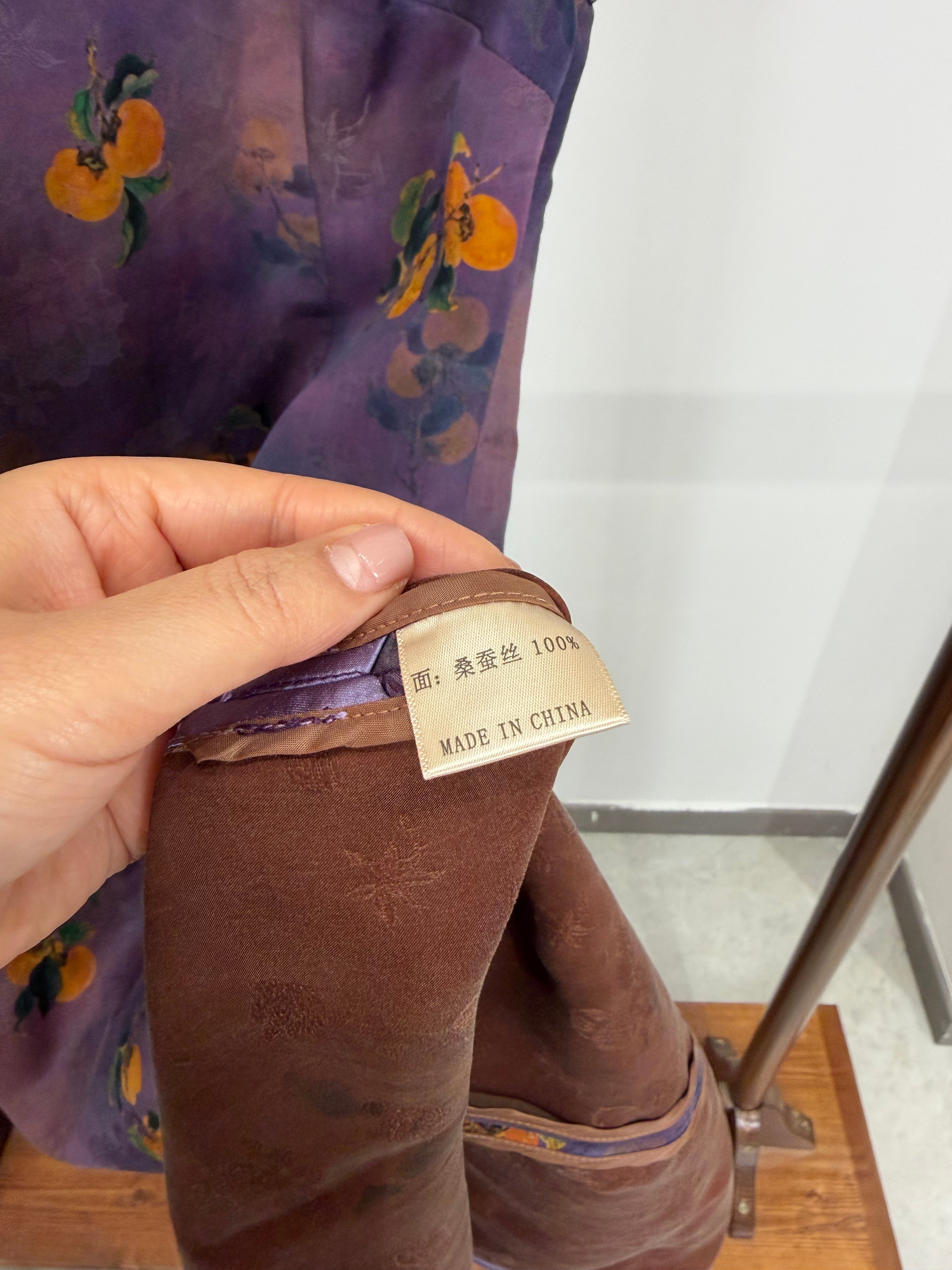 100% Mulberry Silk Xiangyunsha Purple Persimmon Print Short Sleeve Qipao Dress | LUXE ORIENTA - Luxe Orienta CO., LIMITED