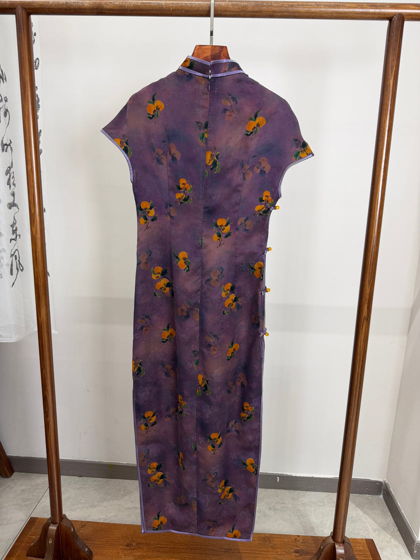 100% Mulberry Silk Xiangyunsha Purple Persimmon Print Short Sleeve Qipao Dress | LUXE ORIENTA - Luxe Orienta CO., LIMITED