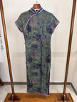 100% Mulberry Silk Xiangyunsha Dark Green Purple Rose Short Sleeve Qipao Dress | LUXE ORIENTA - Luxe Orienta CO., LIMITED