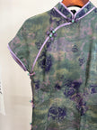 100% Mulberry Silk Xiangyunsha Dark Green Purple Rose Short Sleeve Qipao Dress | LUXE ORIENTA - Luxe Orienta CO., LIMITED