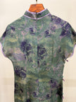100% Mulberry Silk Xiangyunsha Dark Green Purple Rose Short Sleeve Qipao Dress | LUXE ORIENTA - Luxe Orienta CO., LIMITED