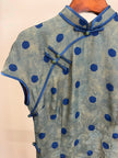 Grey-Blue Polka Dot Xiangyunsha Qipao | 100% Mulberry Silk Flower-Lo Jacquard Cheongsam - LUXE ORIENTA - Luxe Orienta CO., LIMITED