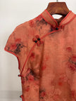 100% Mulberry Silk Xiangyunsha Rust Red Floral Print Short Sleeve Qipao Dress | LUXE ORIENTA - Luxe Orienta CO., LIMITED