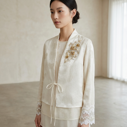 Woman wearing a white embroidered vest matching a blouse  side view