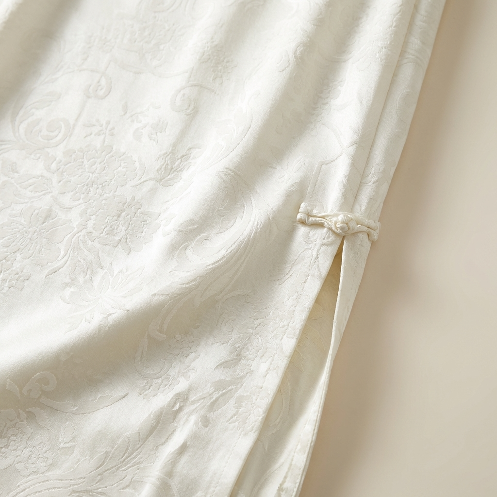 Close-up of textured white fabric and the frog-button