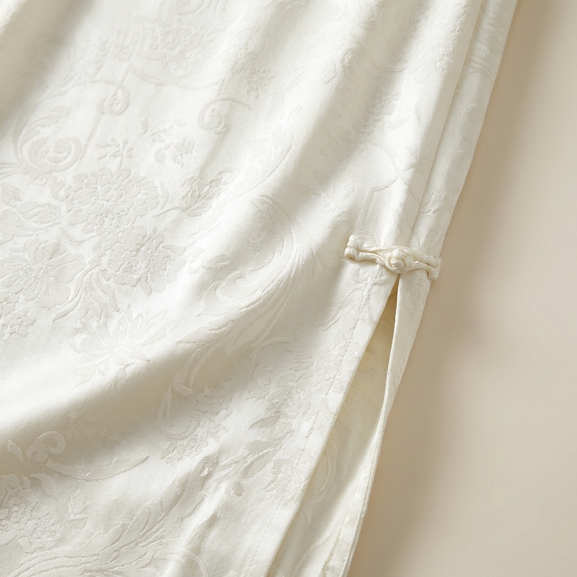 Close-up of textured white fabric and the frog-button