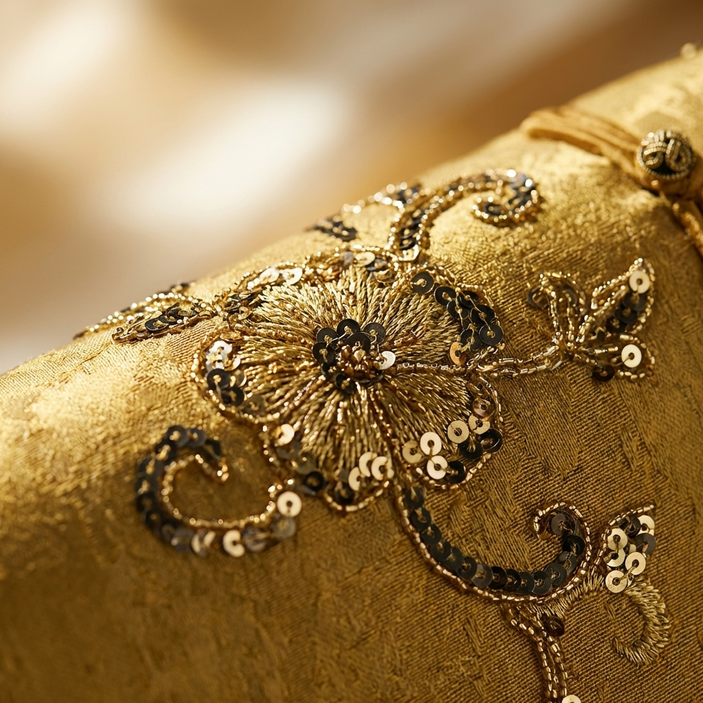 Close-up of gold fabric with intricate floral embroidery and sequins.