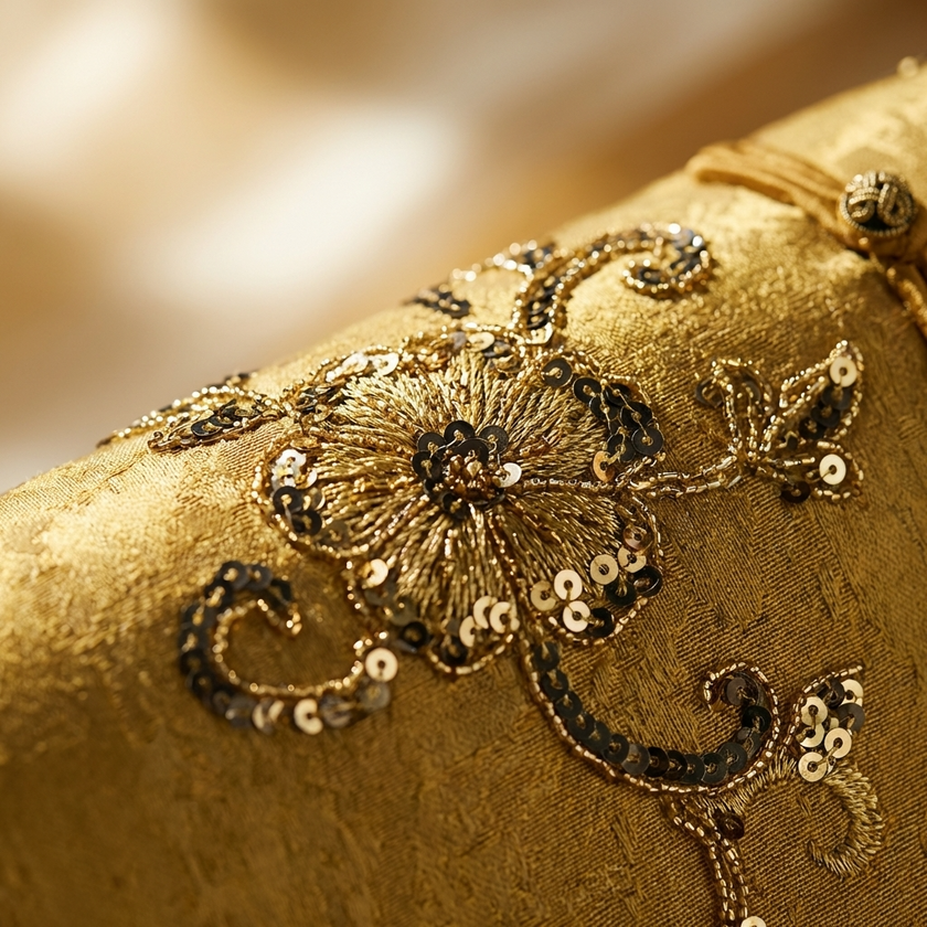 Close-up of gold fabric with intricate floral embroidery and sequins.