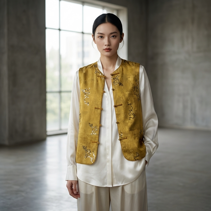 Person wearing a mustard yellow embroidered vest over a white shirt in a minimalistic setting