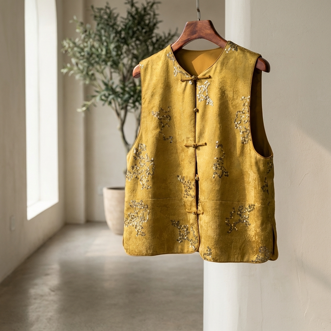 Yellow Sequined embroidered vest on a hanger against a neutral background