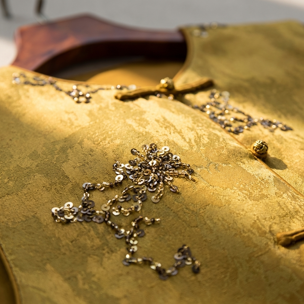 Yellow fabric with sequin embroidery detail