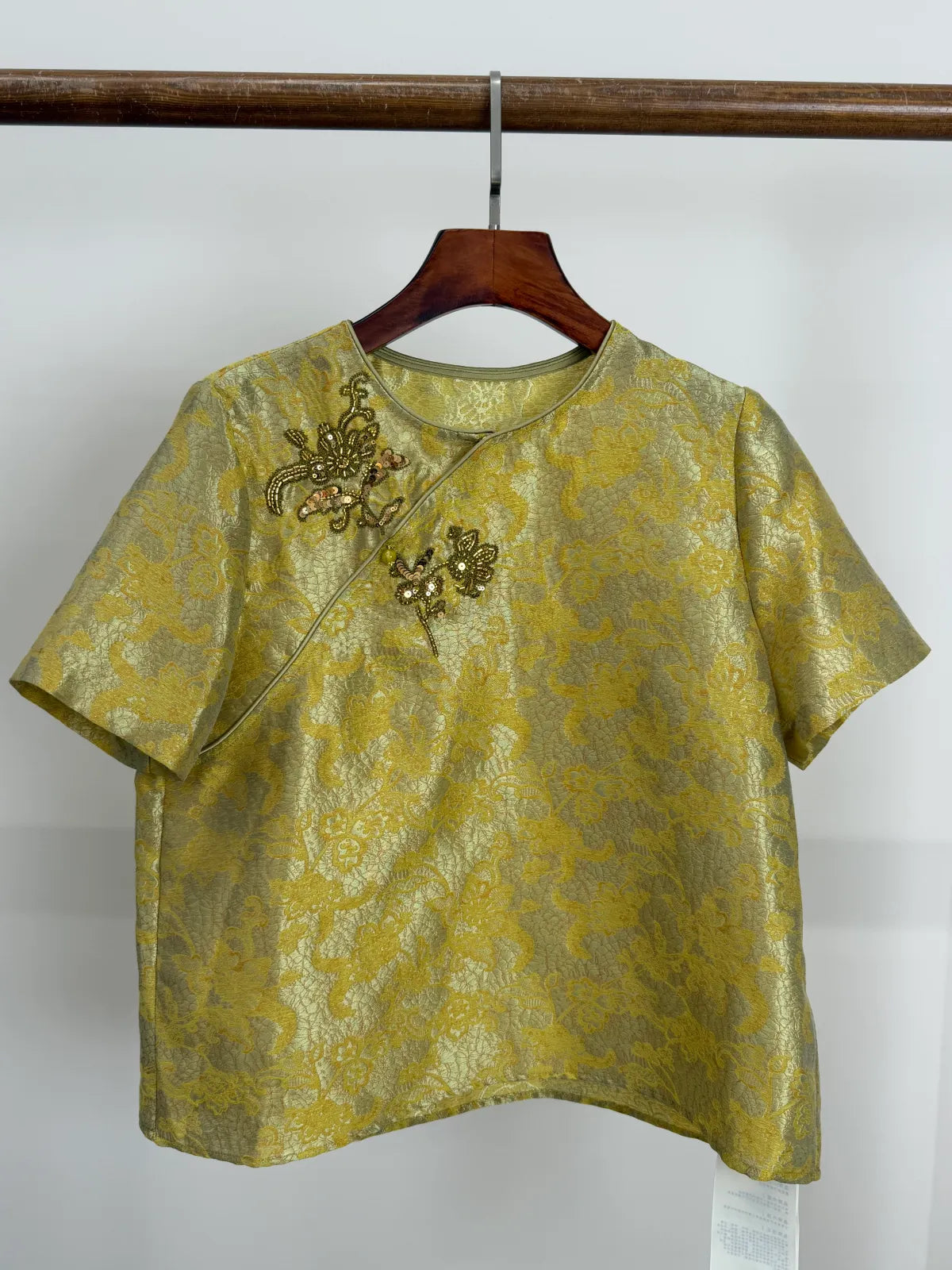 Yellow Acetate Jacquard Embroidered Chinese Blouse Front Look | Luxe Orienta 
