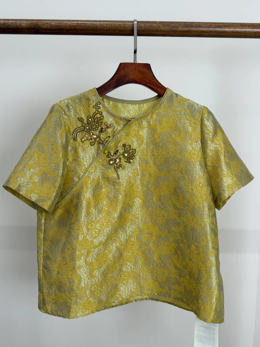 Yellow Acetate Jacquard Embroidered Chinese Blouse Front Look | Luxe Orienta 