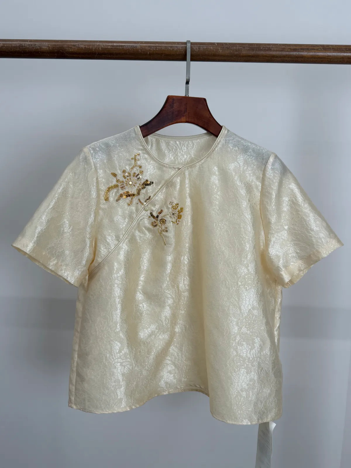 Beige Acetate Jacquard Embroidered Chinese Blouse Front Look | Luxe Orienta 