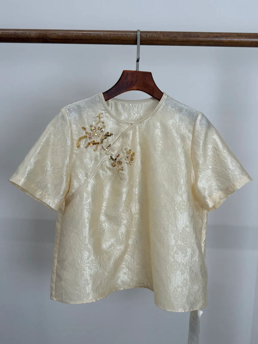 Beige Acetate Jacquard Embroidered Chinese Blouse Front Look | Luxe Orienta 