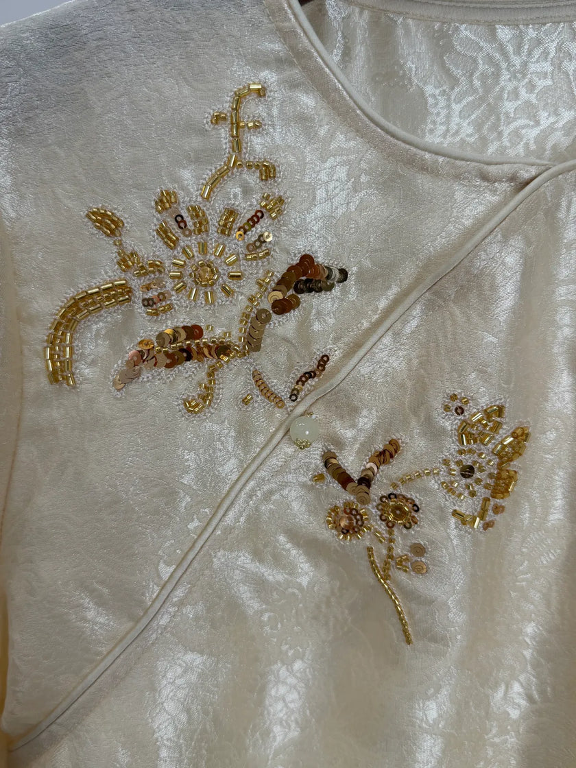 Beige Acetate Jacquard Embroidered Chinese Blouse Beading Embroidered Detail | Luxe Orienta