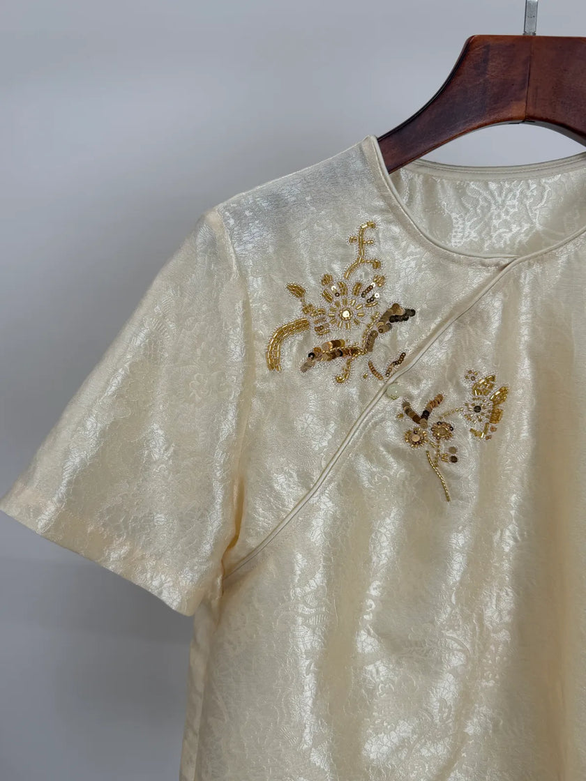 Beige Acetate Jacquard Embroidered Chinese Blouse Beading Embroidered Detail | Luxe Orienta Blouse