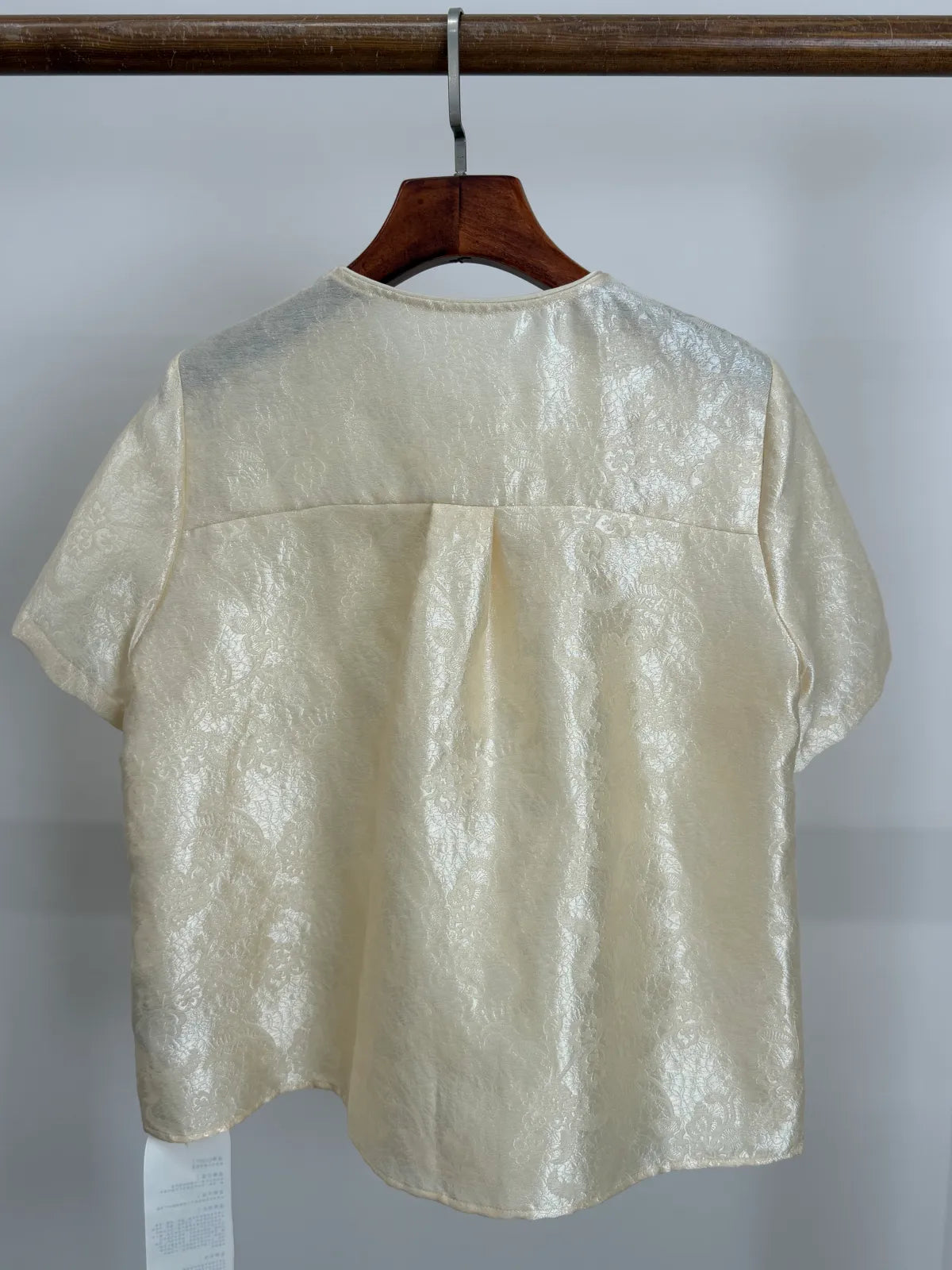 Beige Acetate Jacquard Embroidered Chinese Blouse Back View | Luxe Orienta 