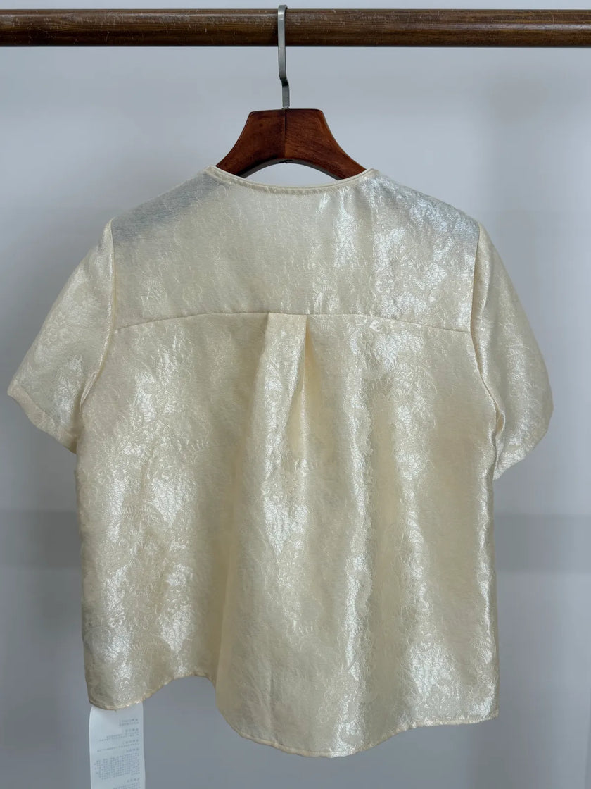 Beige Acetate Jacquard Embroidered Chinese Blouse Back View | Luxe Orienta 