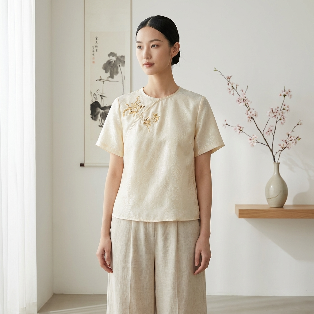 Beige Acetate Jacquard Embroidered Chinese Blouse | Luxe Orienta Modern Top