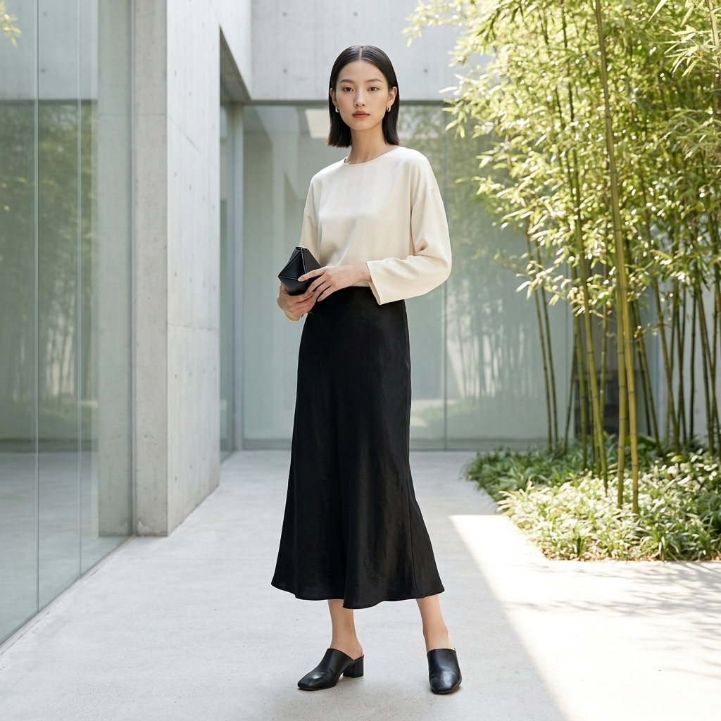 Model Wearing Black Acetate Midi Skirt front view from Luxe Orienta