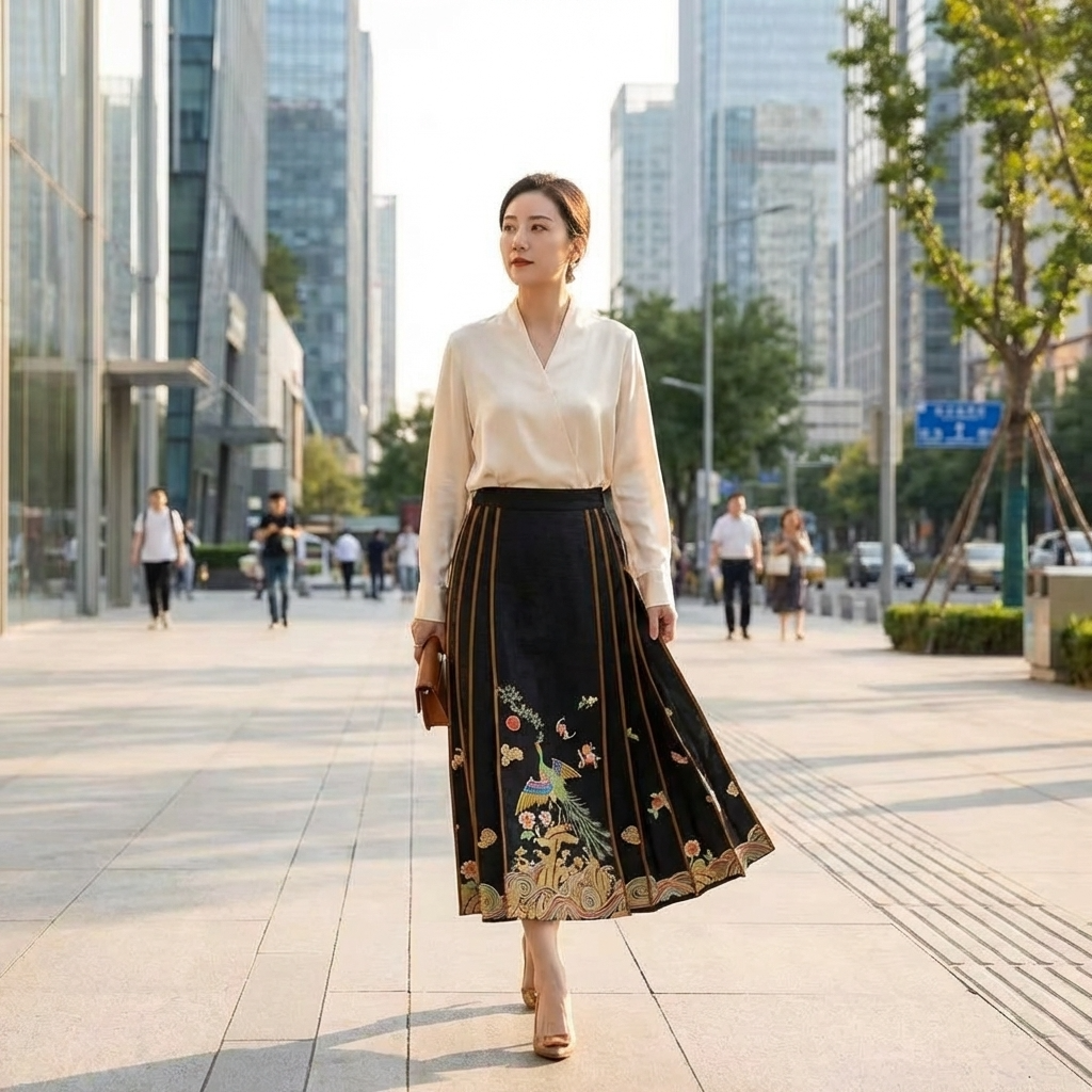 Woman in a white blouse and black peacock embroidered mamian skirt walking in an urban setting.