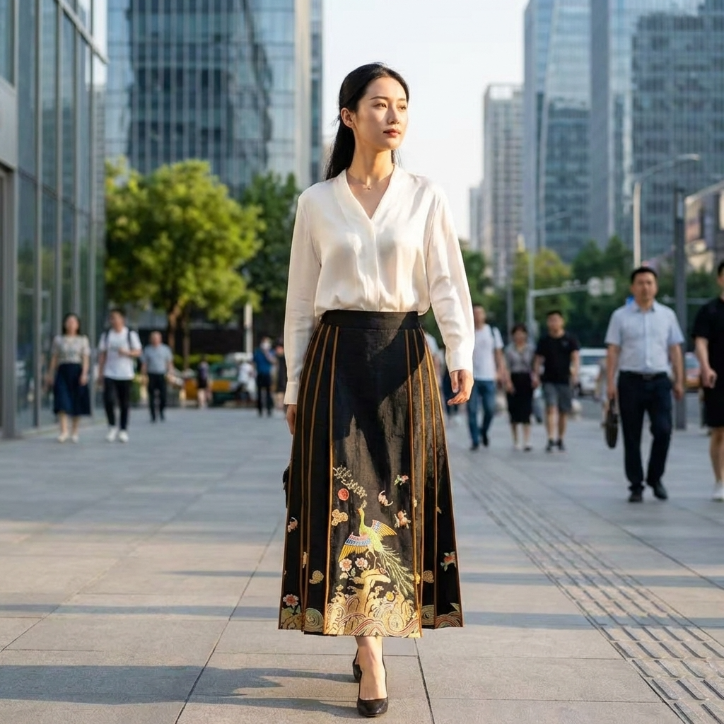 Woman in a white blouse and black floral embroidered horse face skirt walking in an urban setting