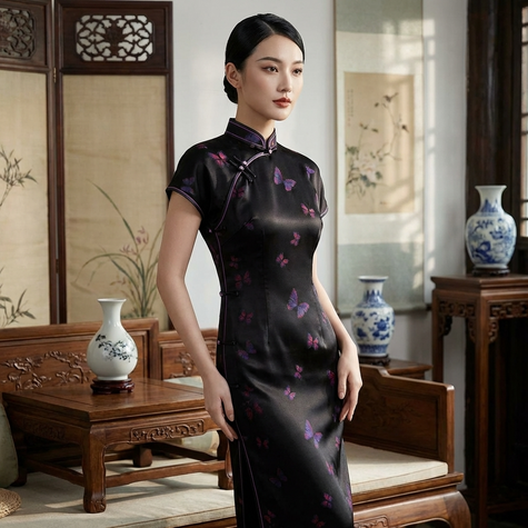 Black Mulberrry Silk Qipao Dress front look by Luxe Orienta 1