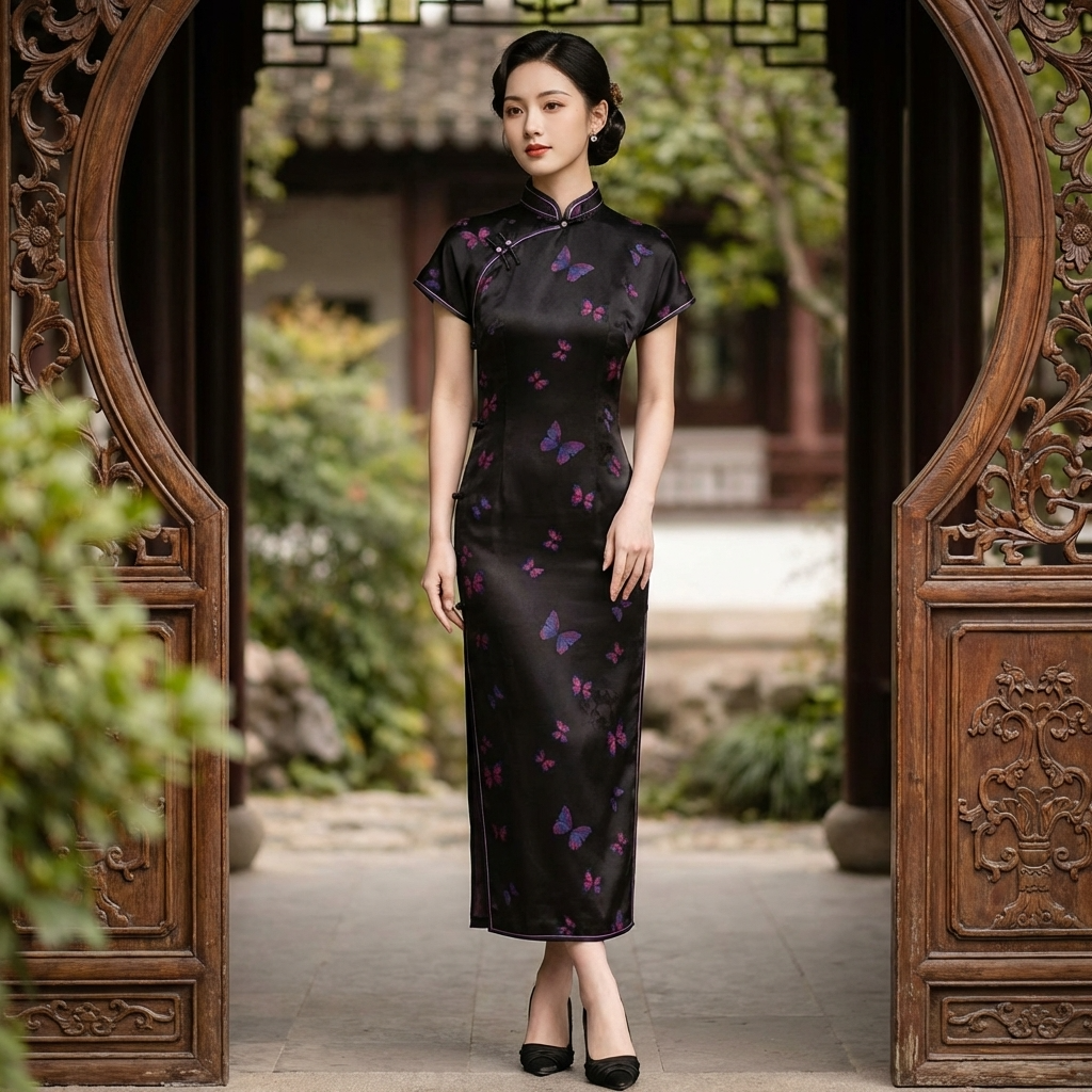 Model in Black Mulberry Silk Xiangyunsha Short Sleeve Qipao Dress by Luxe Orienta 
