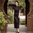 Model in Black Mulberry Silk Xiangyunsha Short Sleeve Qipao Dress by Luxe Orienta 